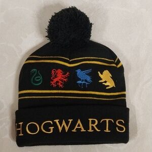 Hogwart's Vintage Embroidered Adult Knit‎ Hat PomPom Black Gold